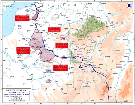 Carte du front Ouest, juillet 1918 (History Department of the US Military Academy West Point via Wikipédia, domaine public)